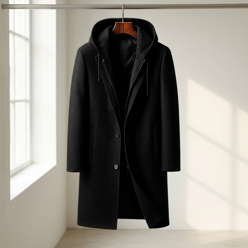 Men's hooded wool winter coat in black — additional view