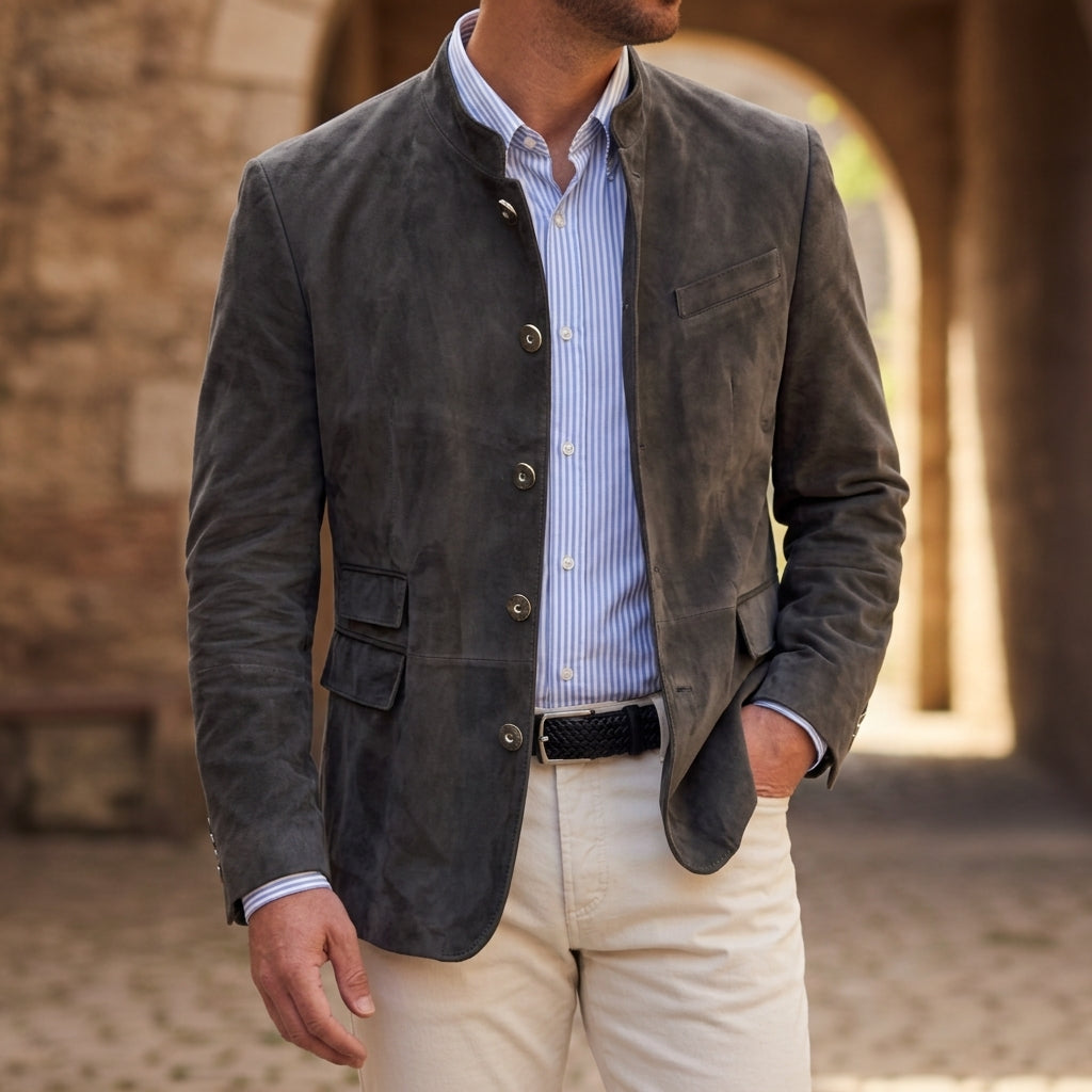 Men's single-breasted faux suede blazer in gray — alternate view