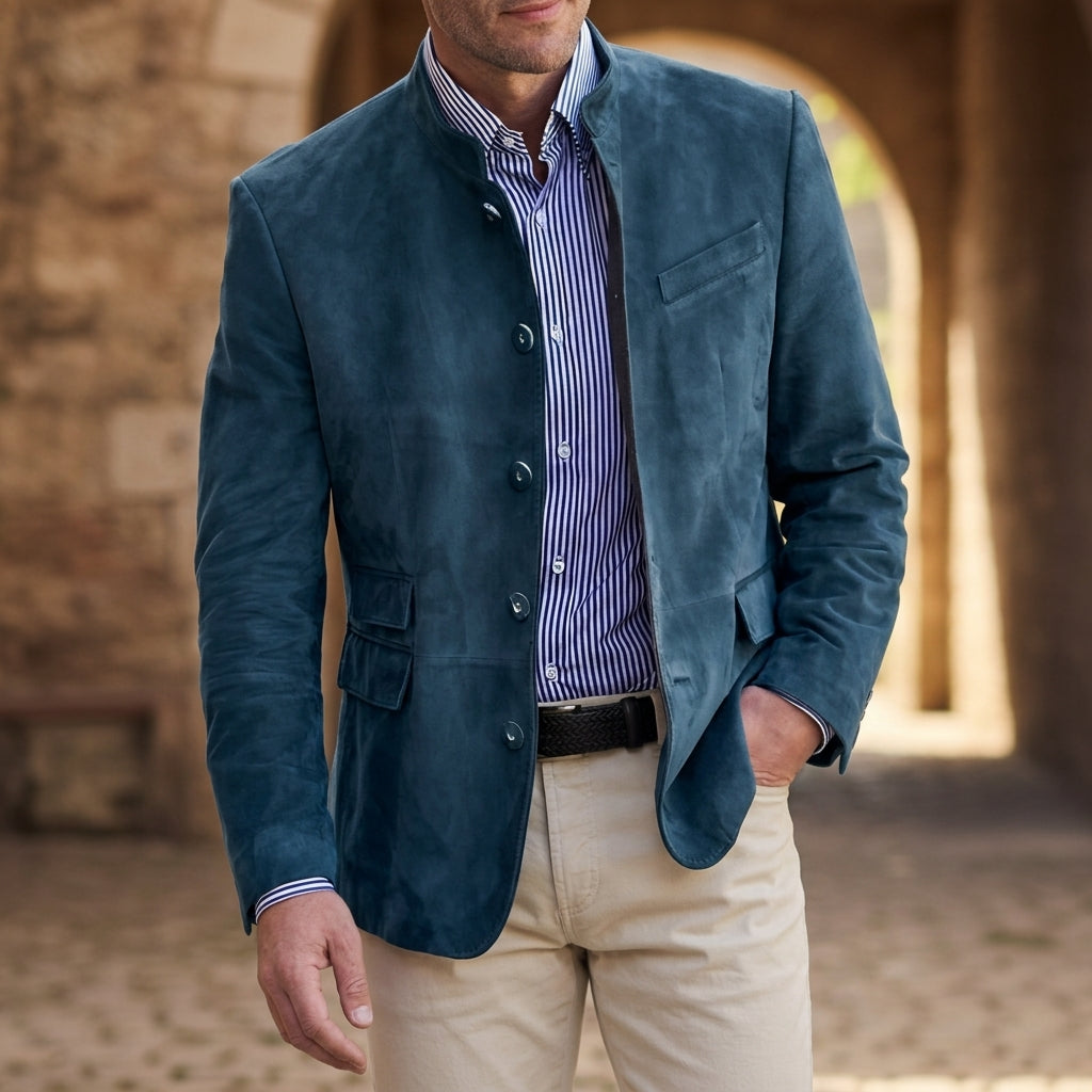 Men's single-breasted faux suede blazer in blue