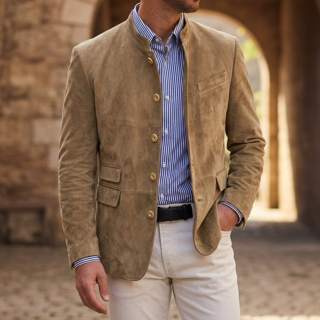 Men's single-breasted faux suede blazer in khaki — detail view