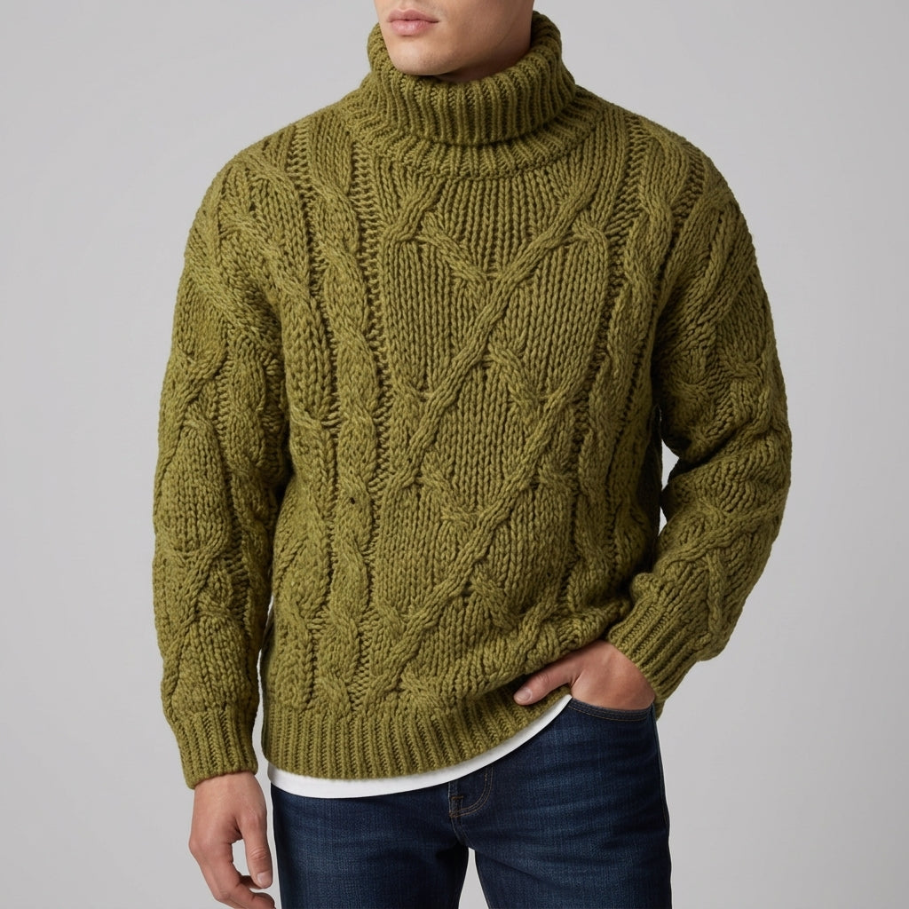 Men's chunky knit turtleneck sweater in green — alternate view
