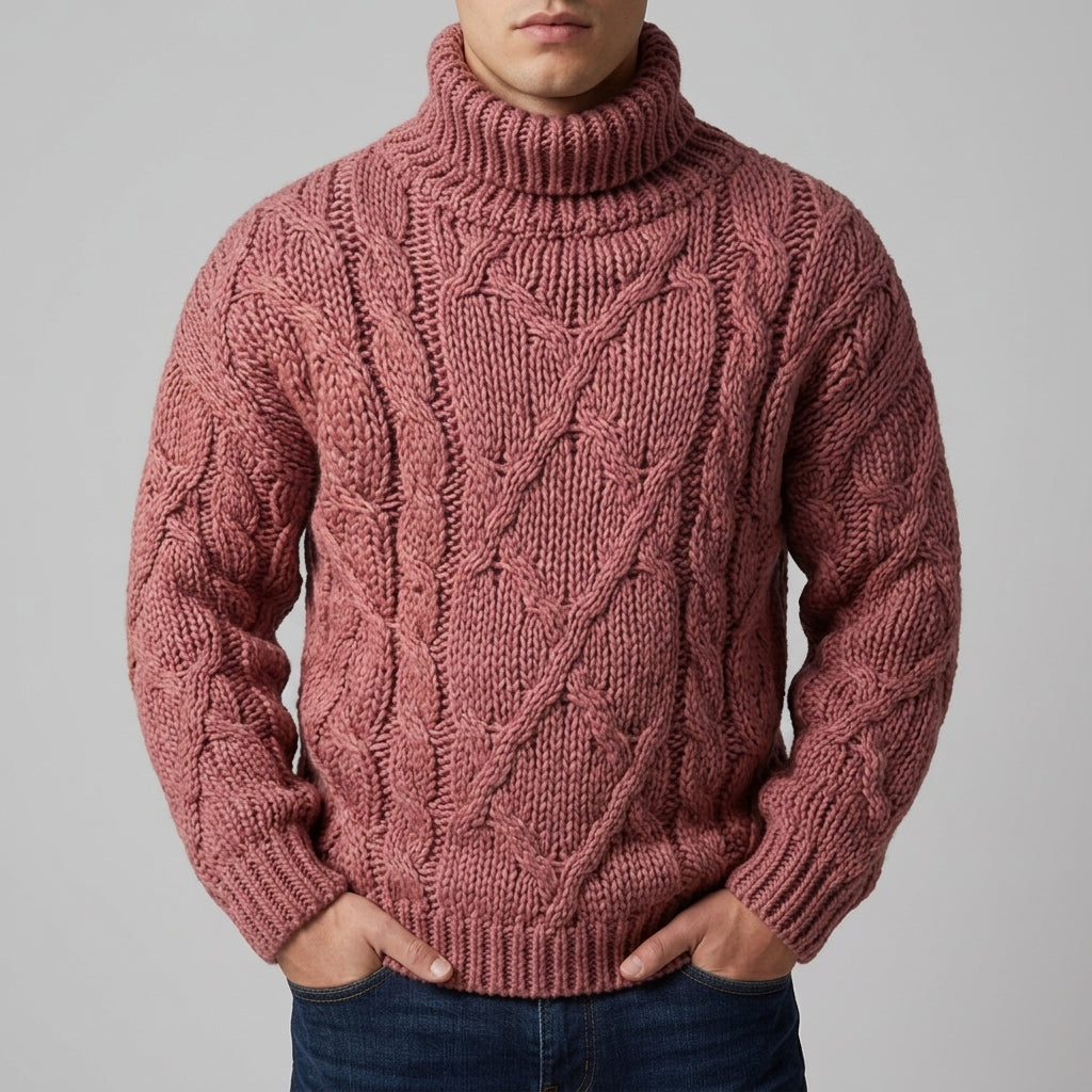 Men's chunky knit turtleneck sweater in pink — detail view