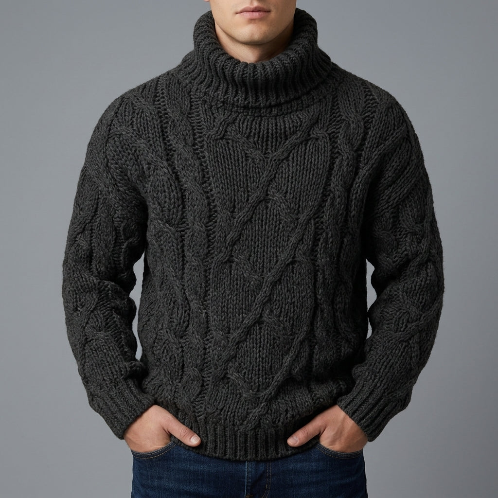 Men's chunky knit turtleneck sweater in black