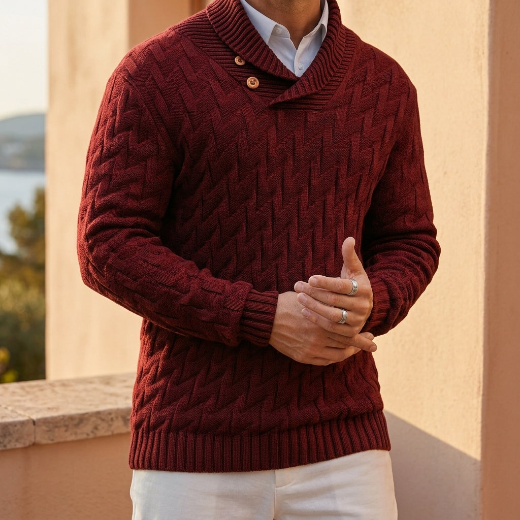 Men's shawl-collar textured knit pullover in burgundy