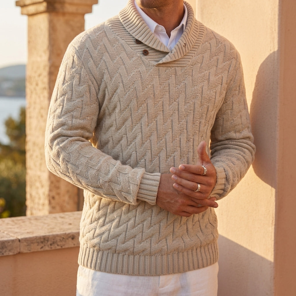 Men's shawl-collar textured knit pullover in sand beige — additional view