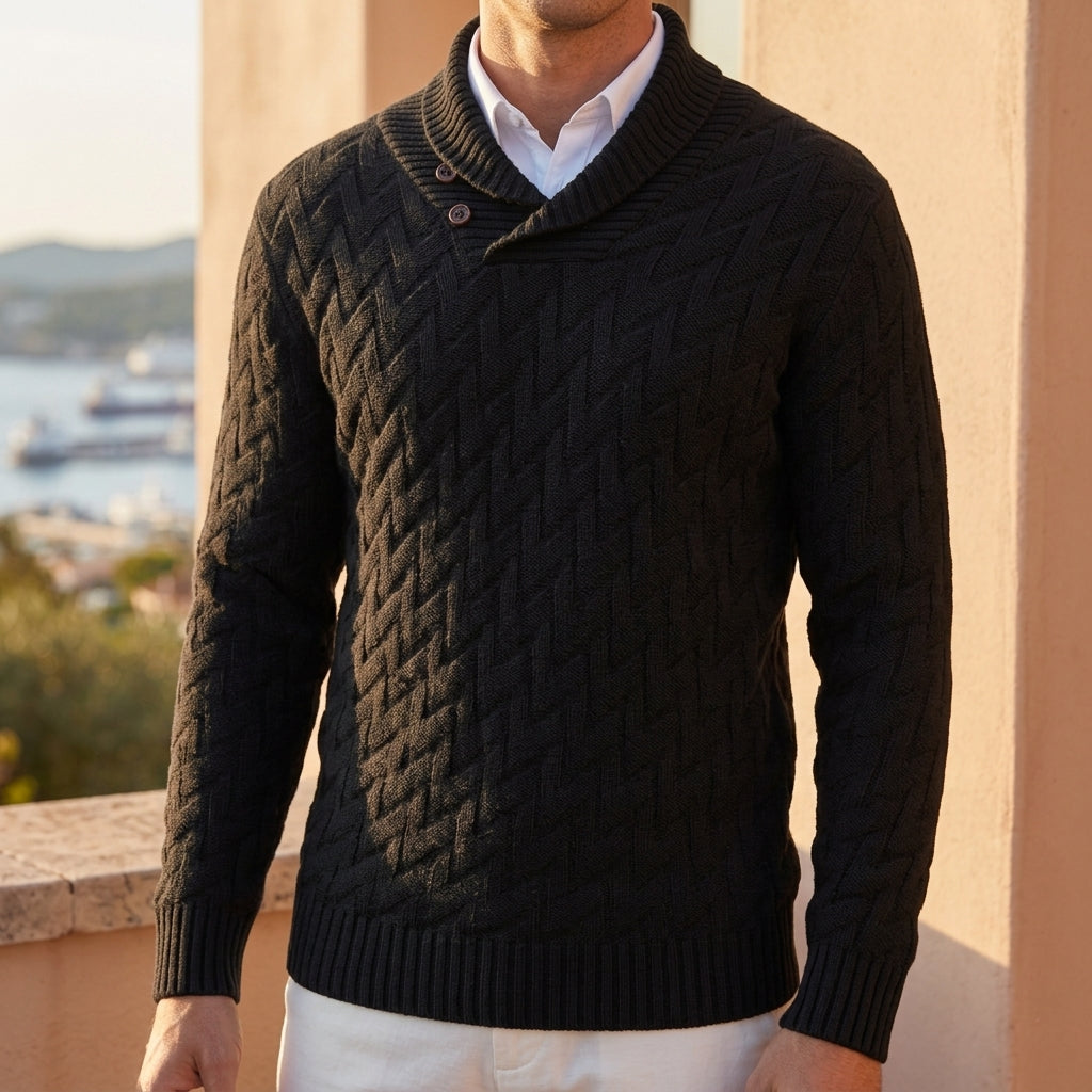 Men's shawl-collar textured knit pullover in black — alternate view