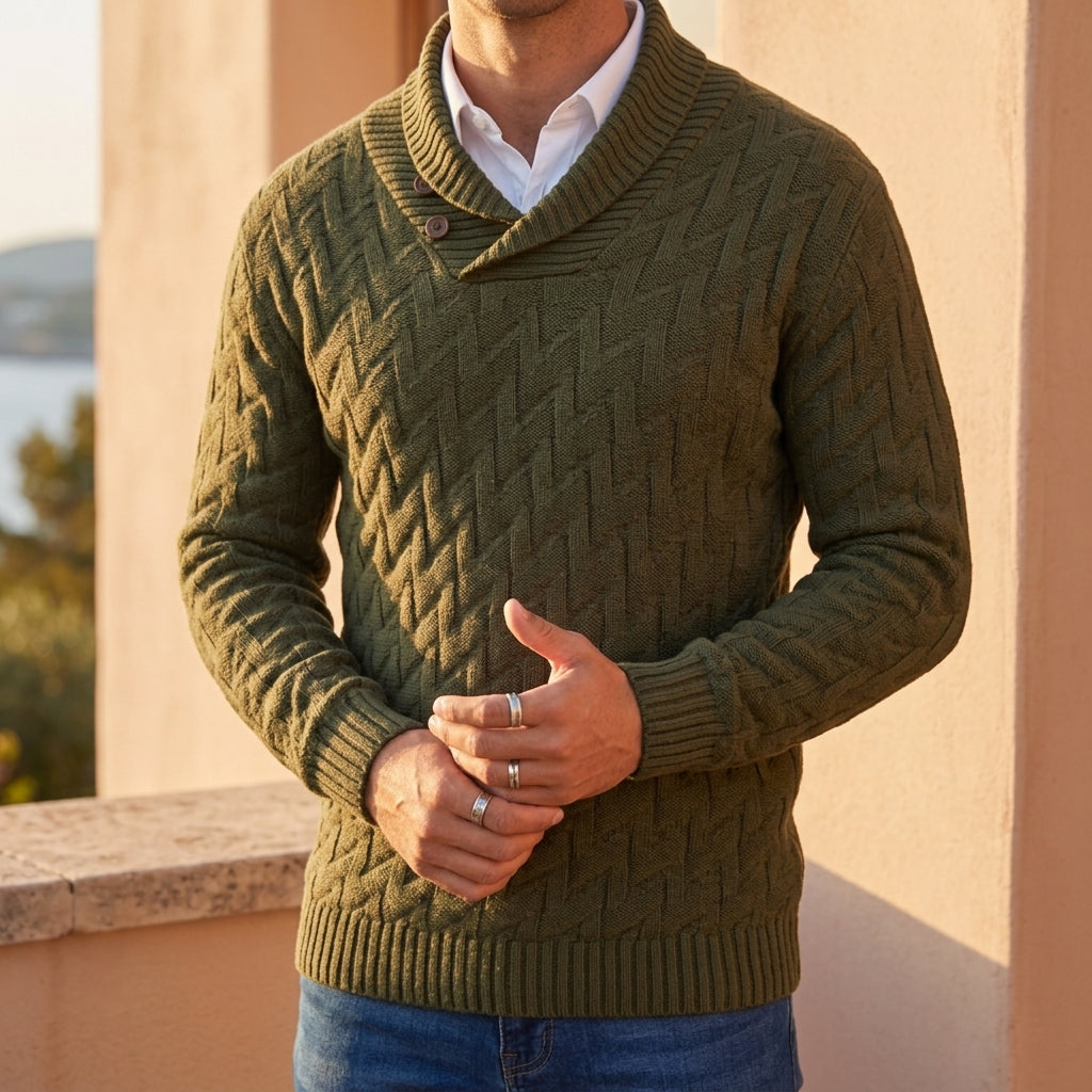 Men's shawl-collar textured knit pullover in olive green — additional view