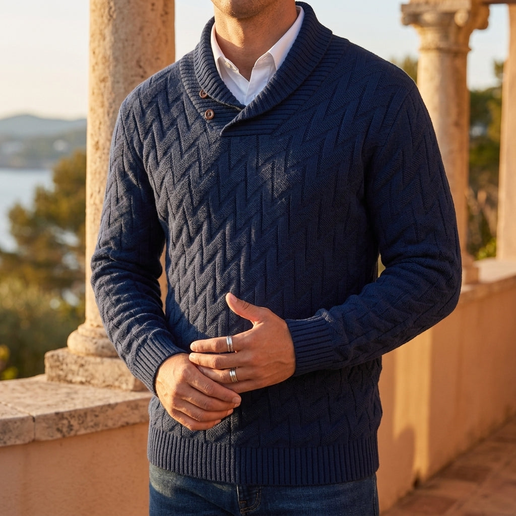 Men's shawl-collar textured knit pullover in deep blue — detail view