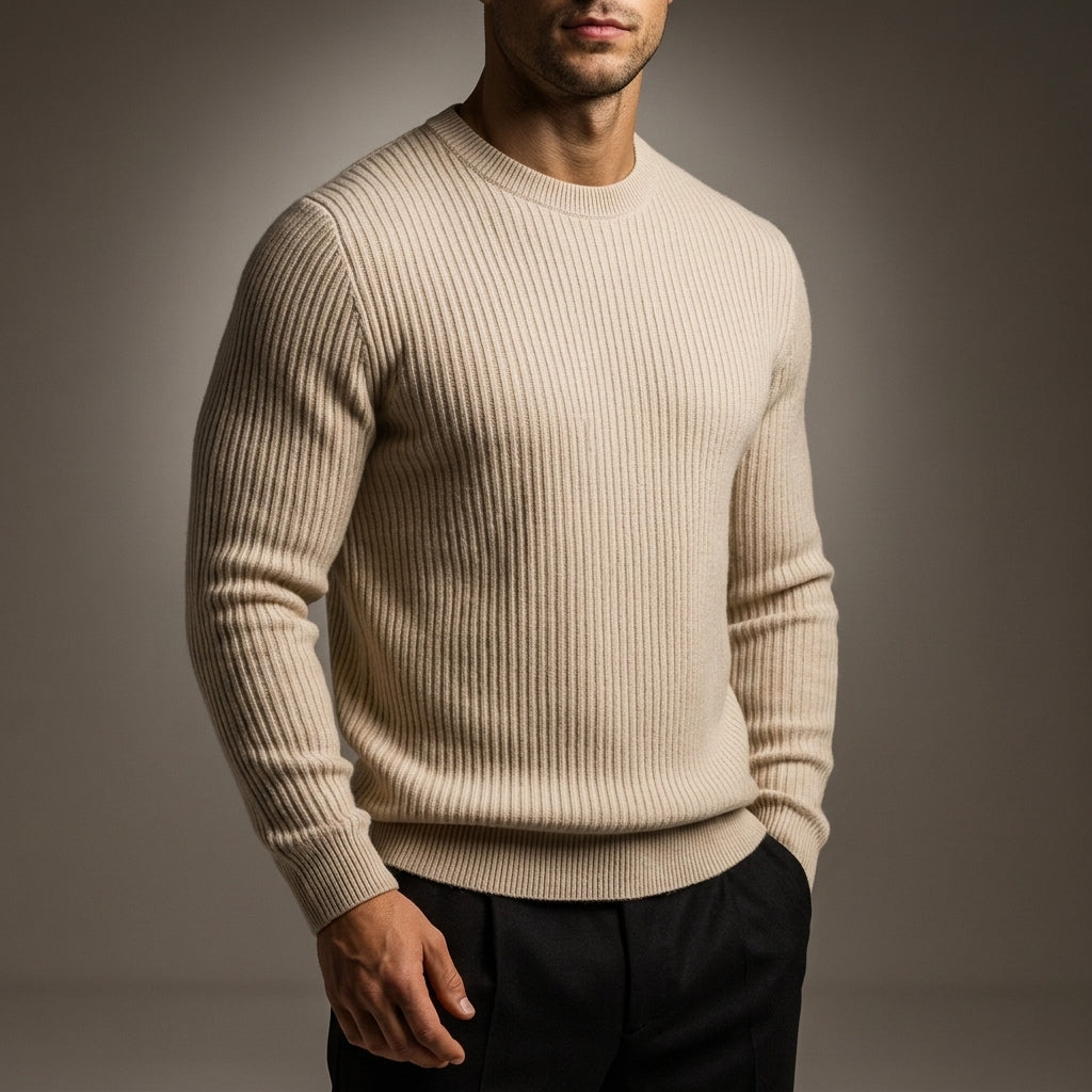 Men's rib-knit crew neck sweater in sand beige — alternate view