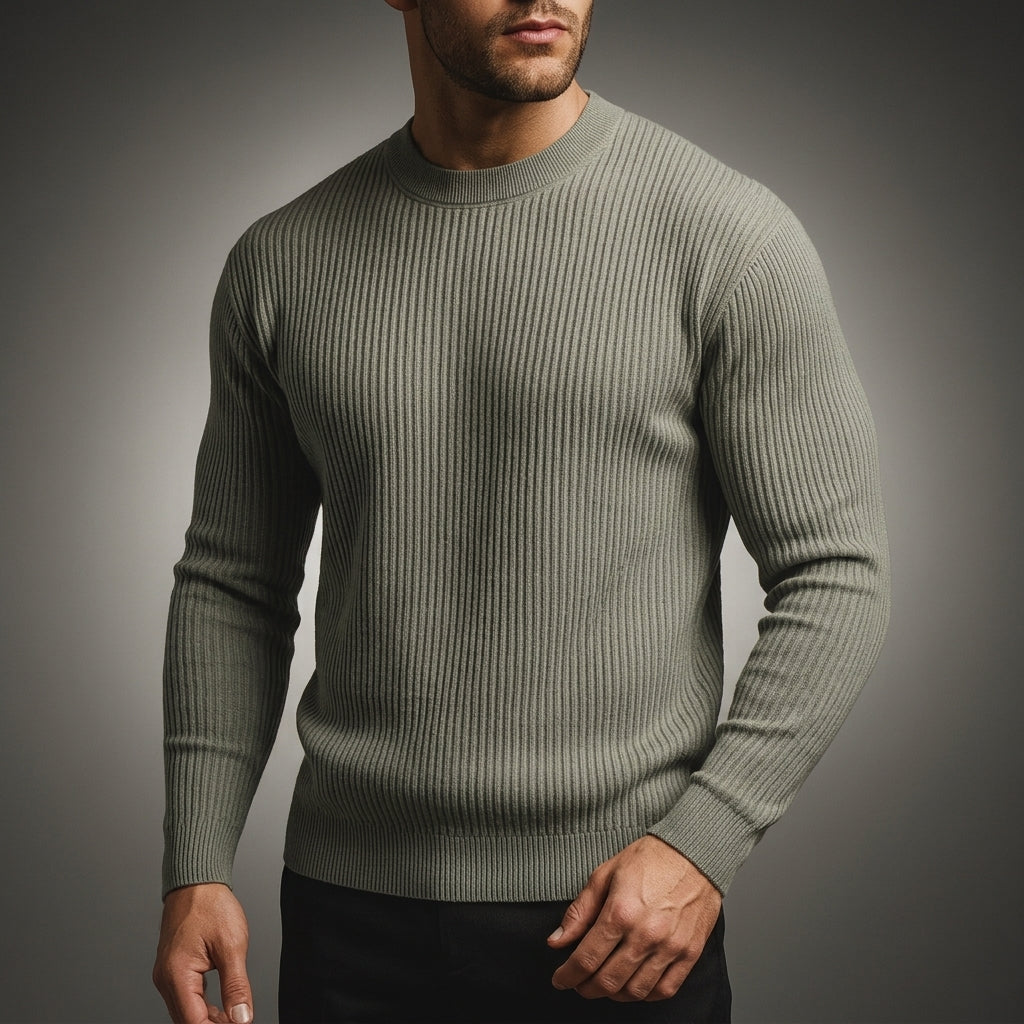 Men's rib-knit crew neck sweater in sage green — detail view