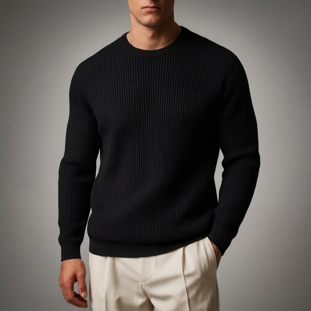 Men's rib-knit crew neck sweater in jet black — additional view