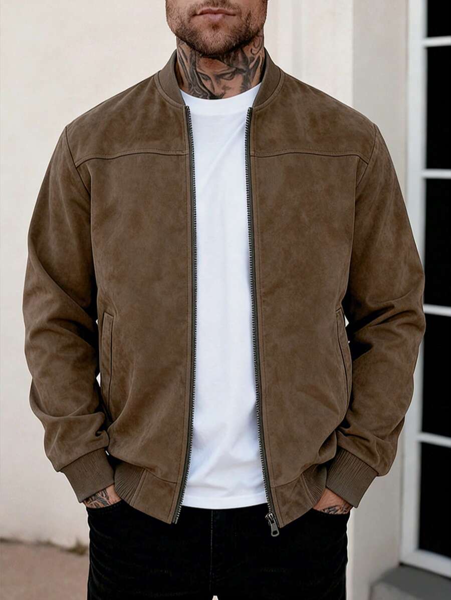 Men's zip-up faux suede bomber jacket in brown — additional view
