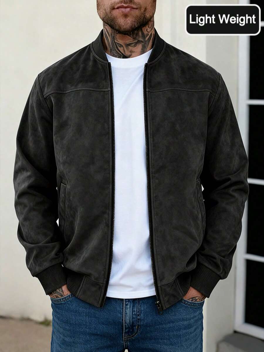 Men's zip-up faux suede bomber jacket in black — detail view
