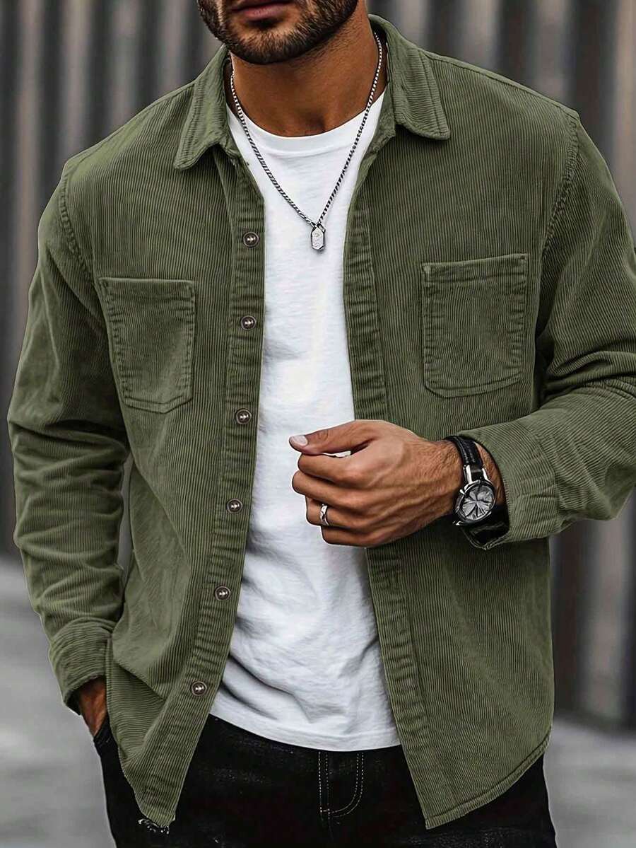 Men's corduroy button-up shacket in army green — additional view