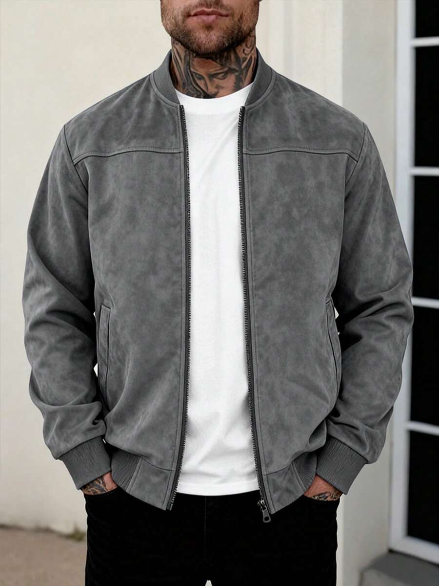 Men's zip-up faux suede bomber jacket in light grey — additional view