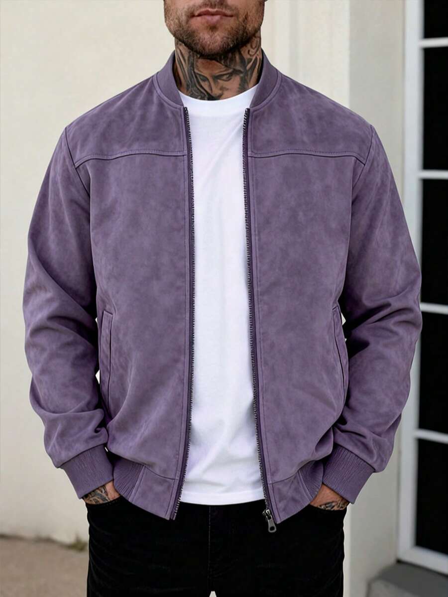 Men's zip-up faux suede bomber jacket in mauve purple — additional view
