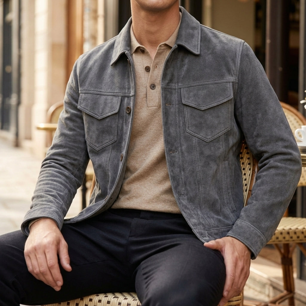 Men's faux suede button-up shirt jacket in slate gray — alternate view