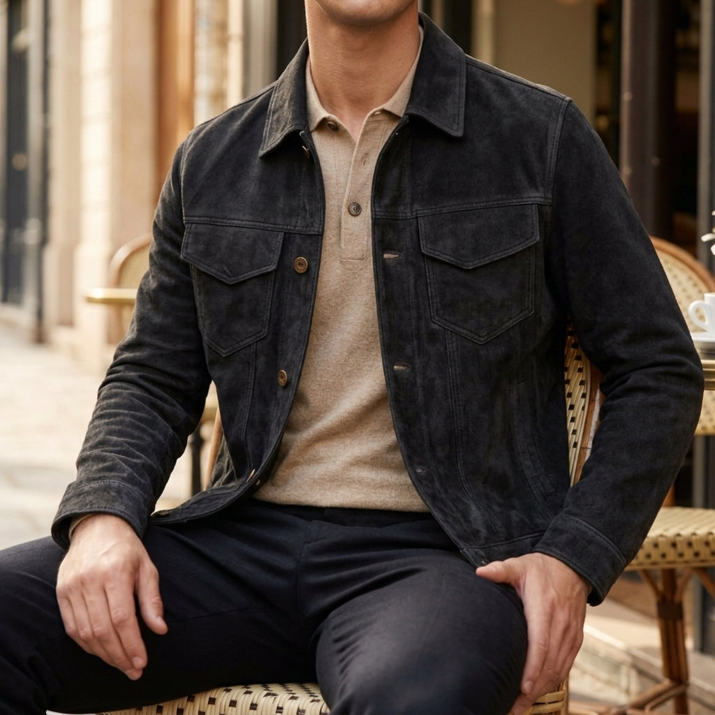 Men's faux suede button-up shirt jacket in midnight black — detail view