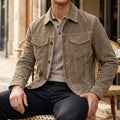 Men's faux suede button-up shirt jacket in taupe