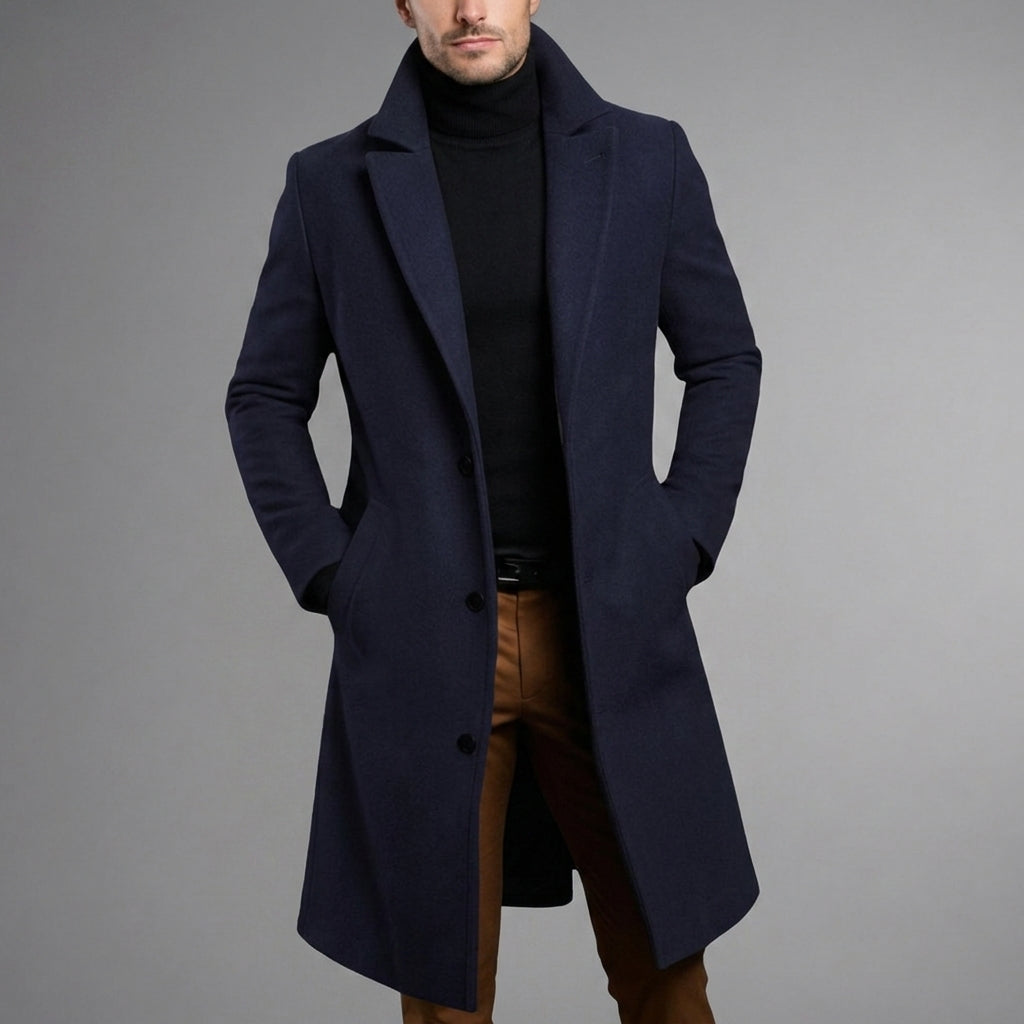 Men's slim-fit long winter coat in navy — detail view