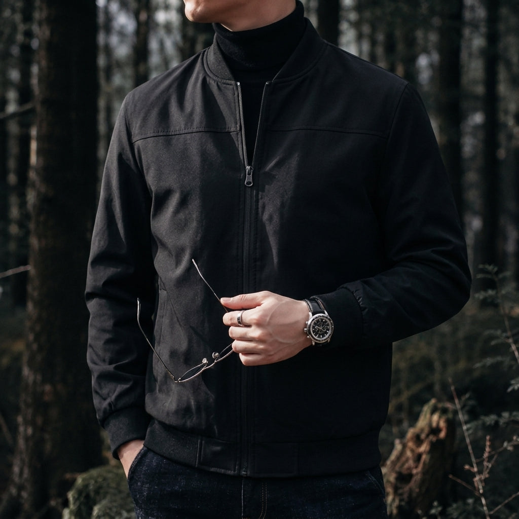 Men's classic zip bomber jacket in black — detail view