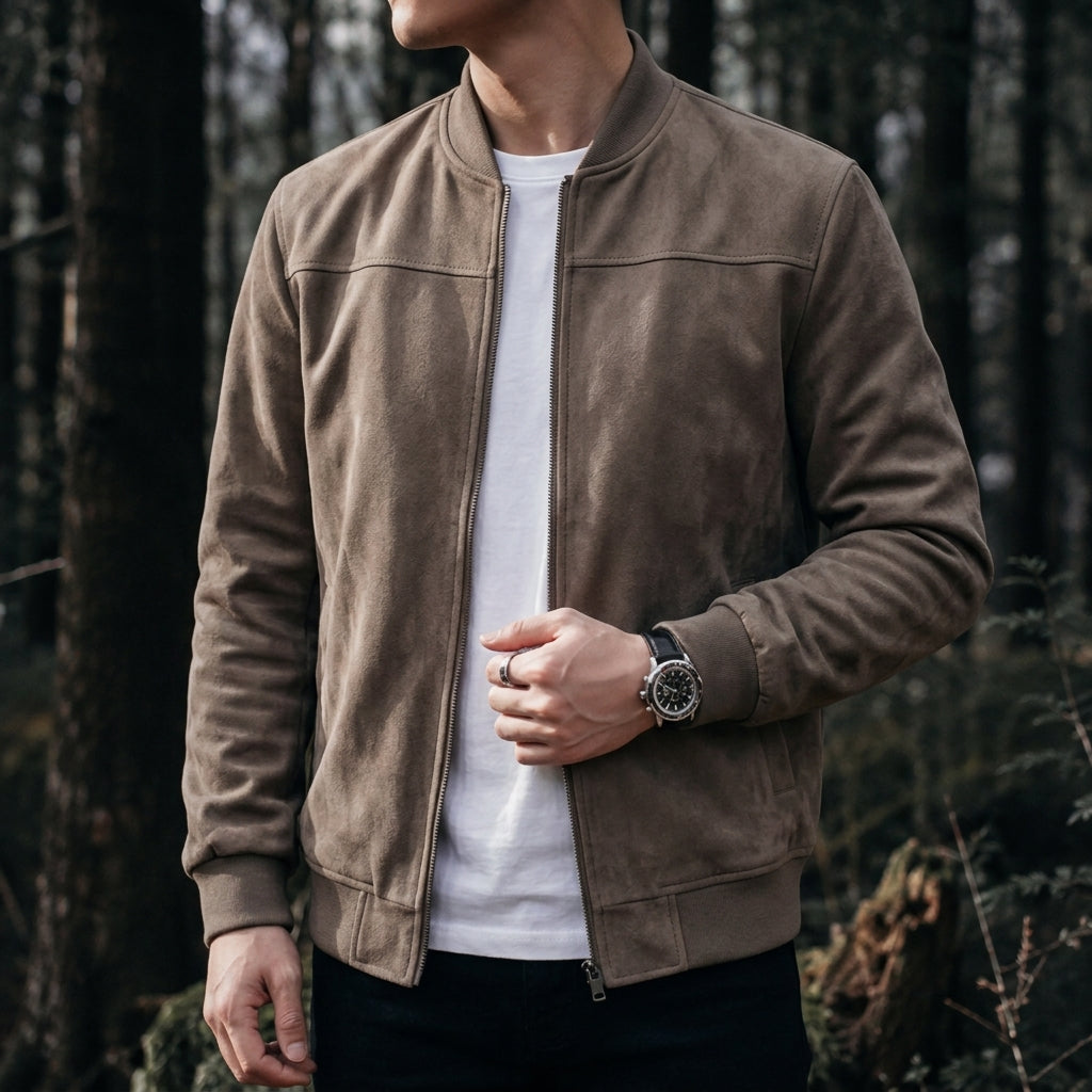 Men's classic zip bomber jacket in brown