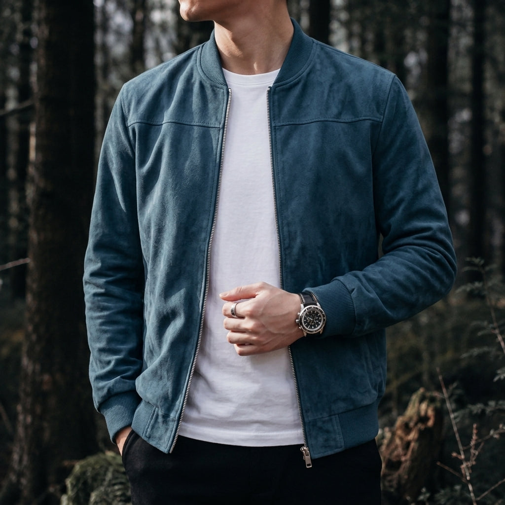 Men's classic zip bomber jacket in blue — additional view