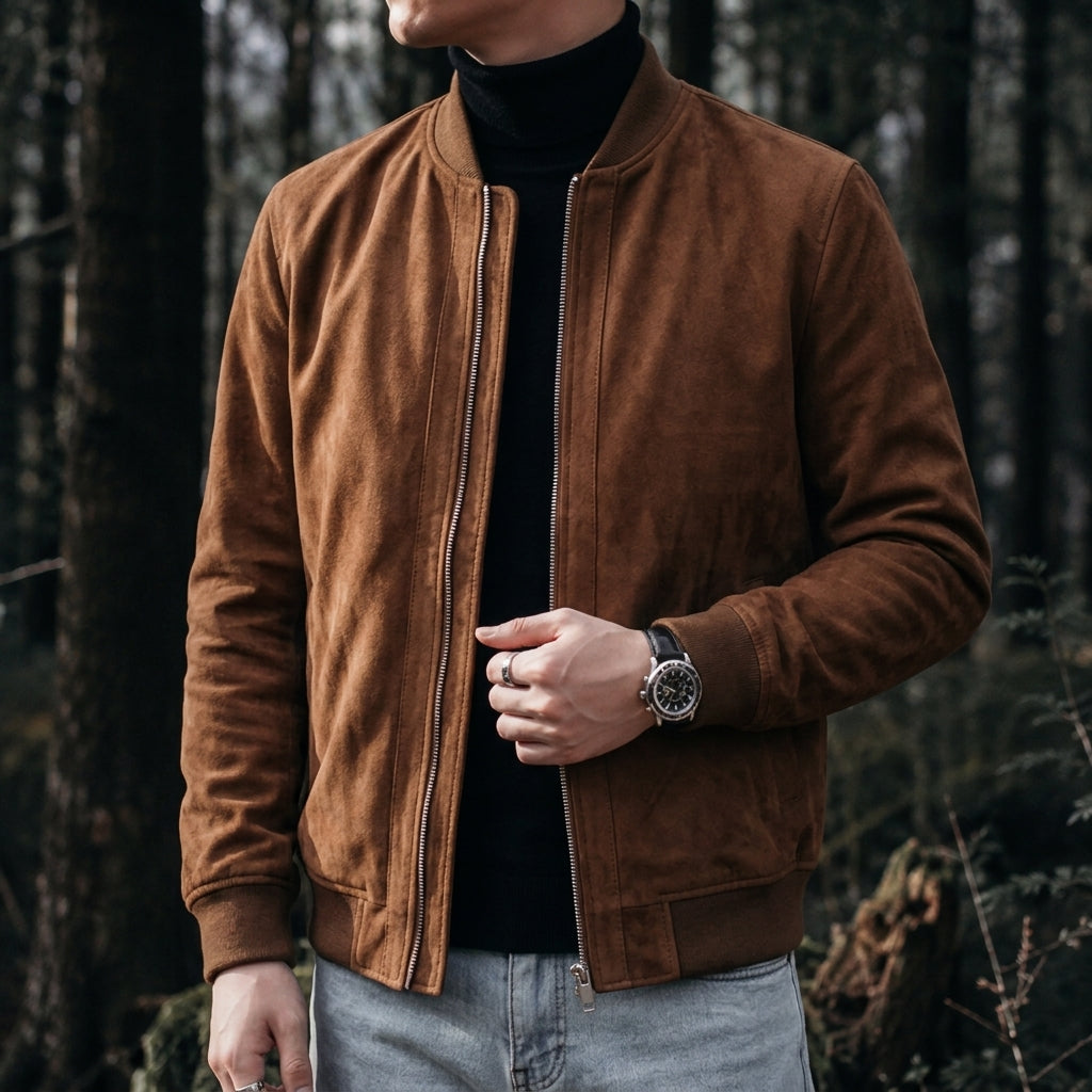 Men's classic zip bomber jacket in dark brown — alternate view