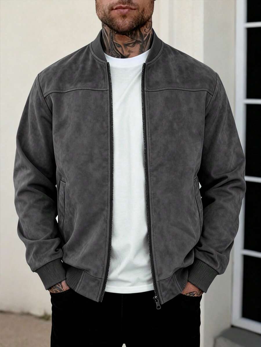 Men's zip-up faux suede bomber jacket in dark grey — additional view