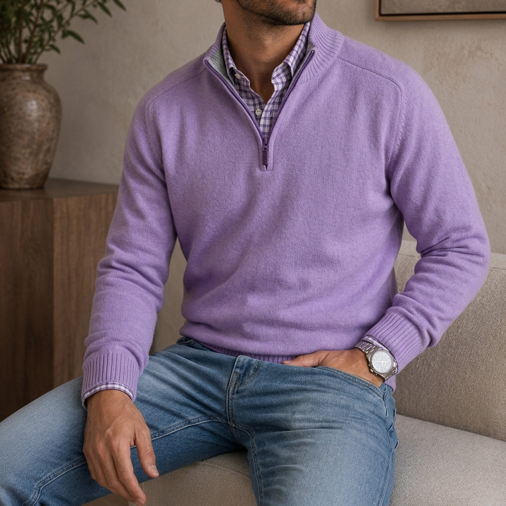 Men's quarter-zip knit sweater in purple — additional view