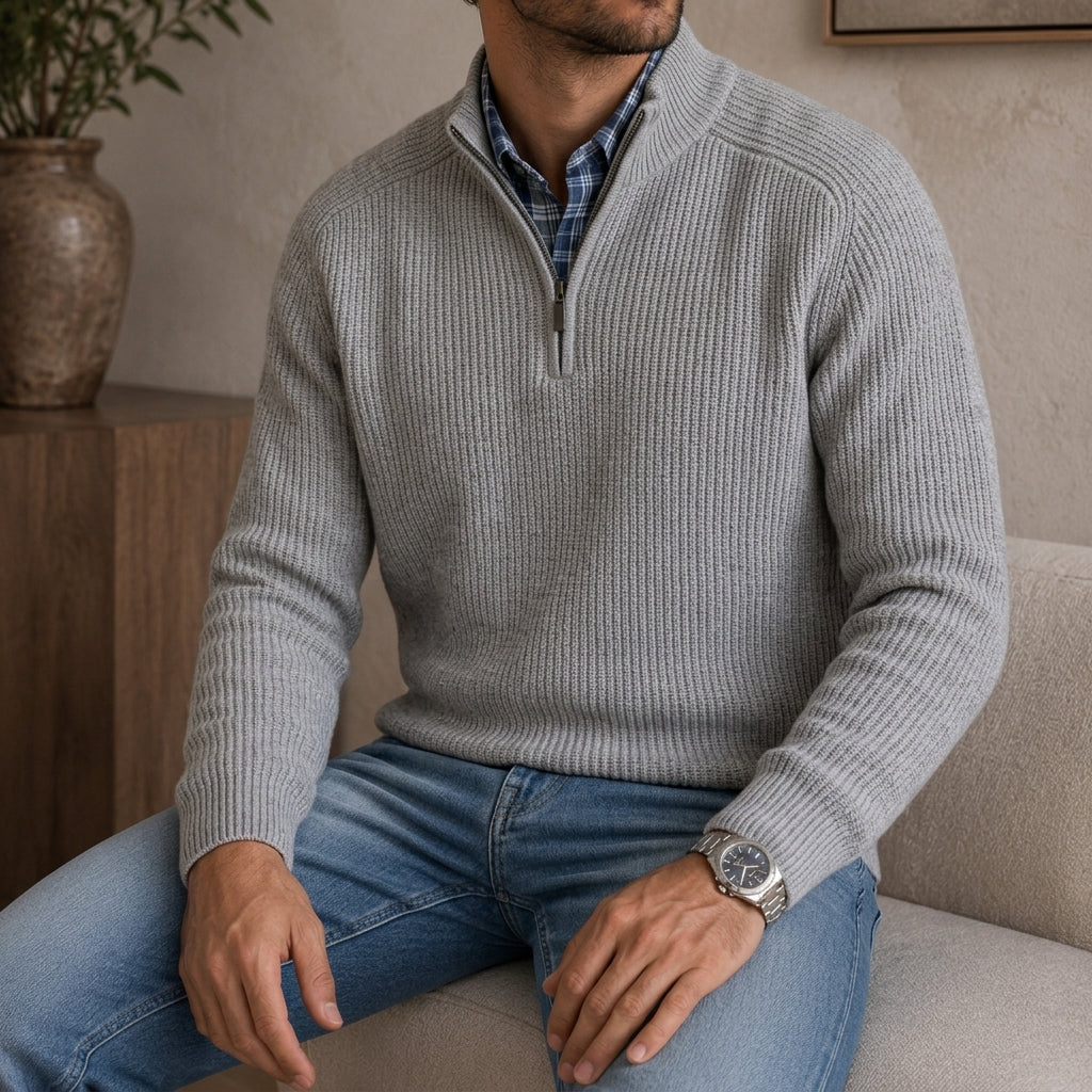 Men's quarter-zip knit sweater in light grey — additional view