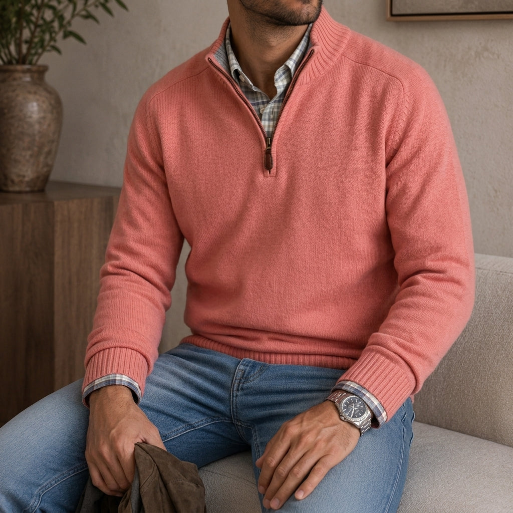 Men's quarter-zip knit sweater in pink — detail view