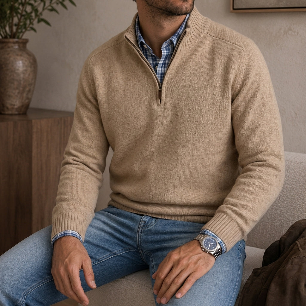 Men's quarter-zip knit sweater in khaki — additional view