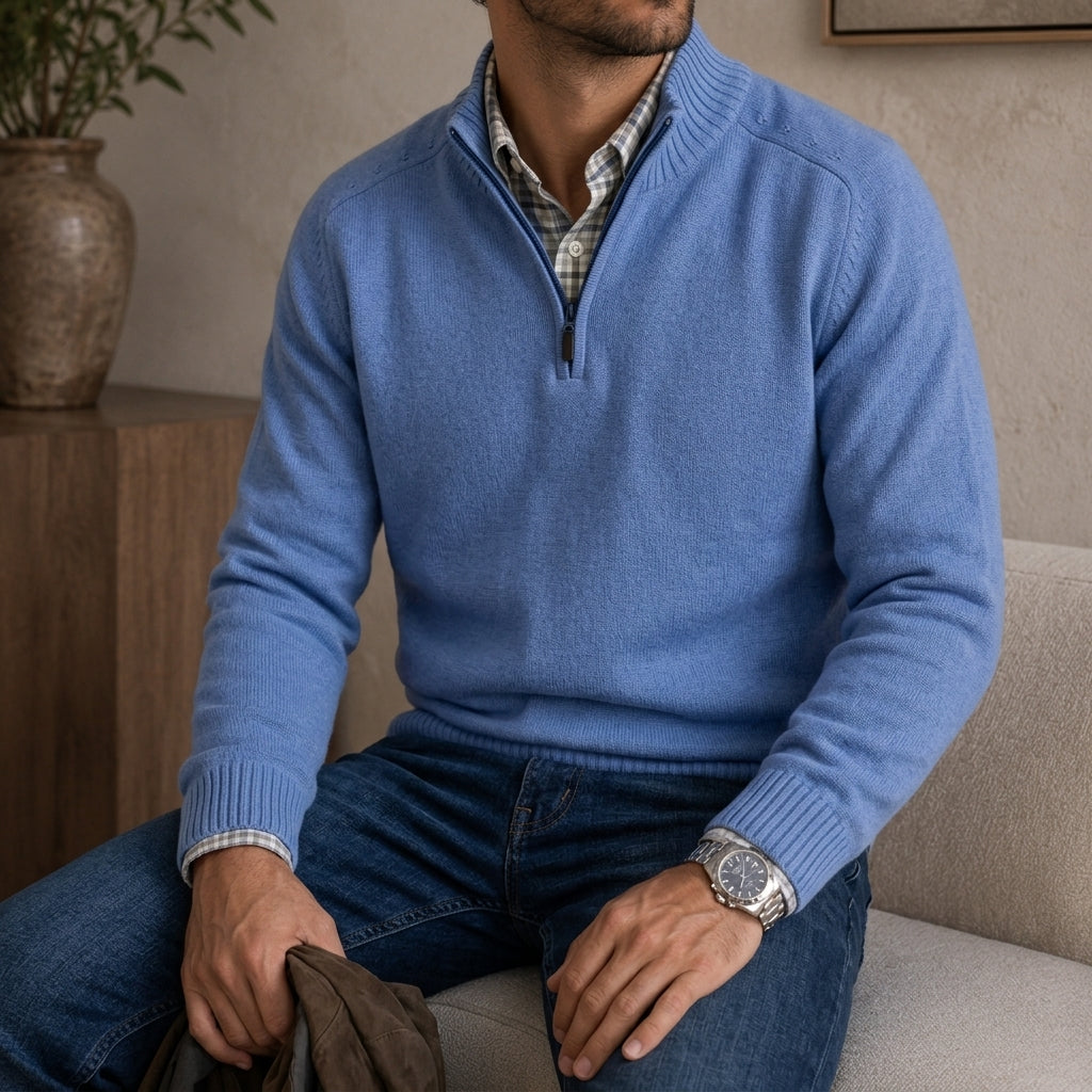 Men's quarter-zip knit sweater in blue — additional view