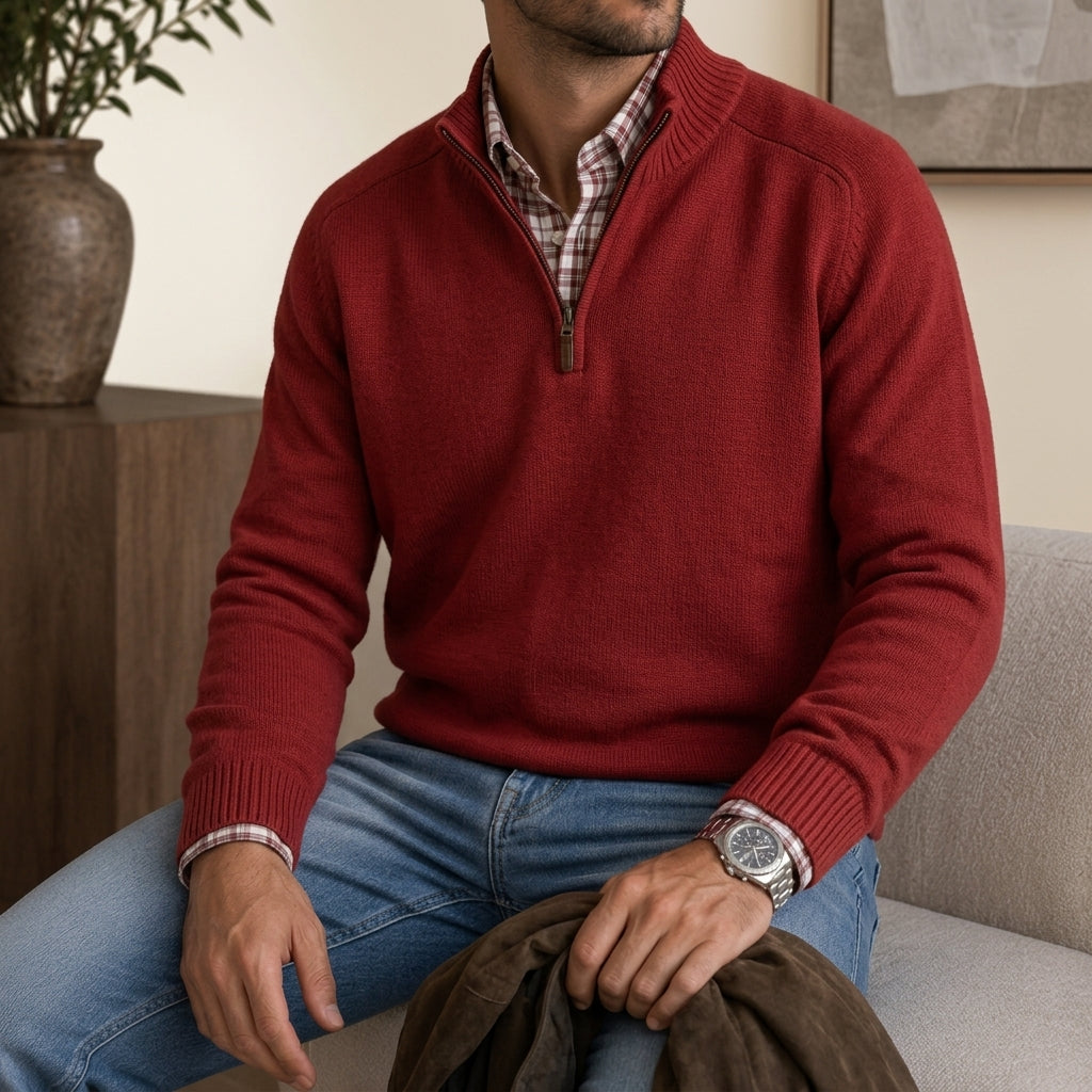 Men's quarter-zip knit sweater in red — additional view