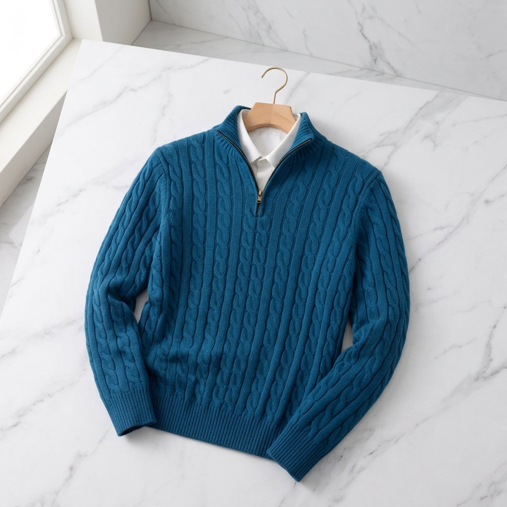 Men's quarter-zip knit sweater in blue — additional view