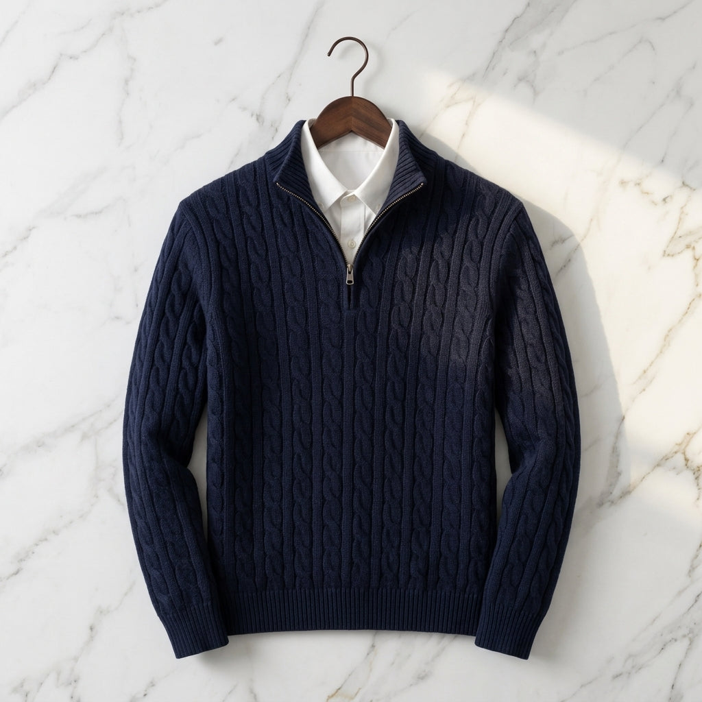 Men's quarter-zip knit sweater in navy blue