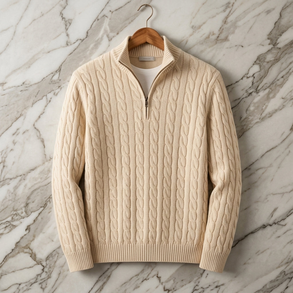 Men's quarter-zip knit sweater in beige — additional view