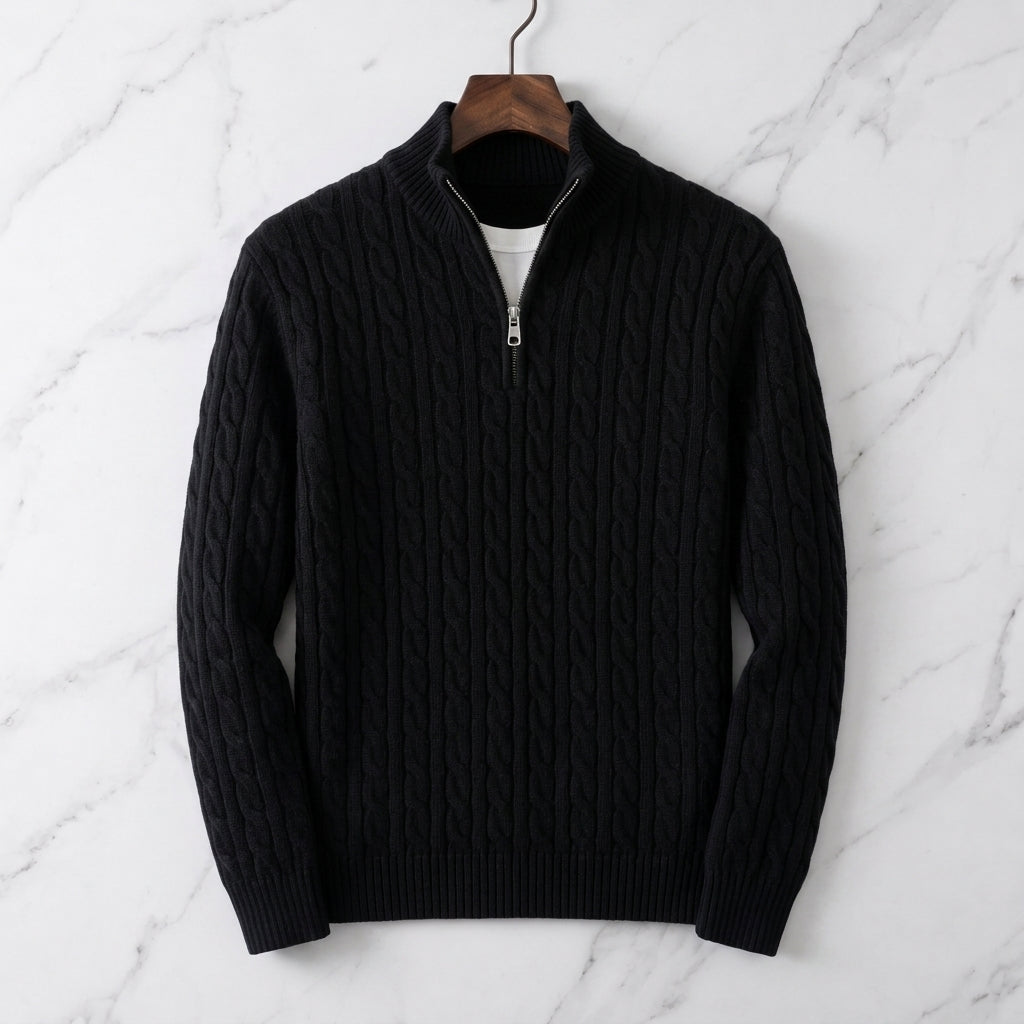 Men's quarter-zip knit sweater in black — detail view