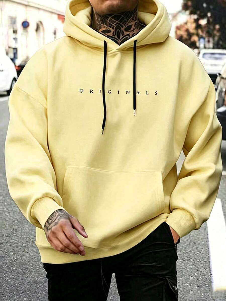 Men's hooded drawstring sweatshirt in light yellow — additional view