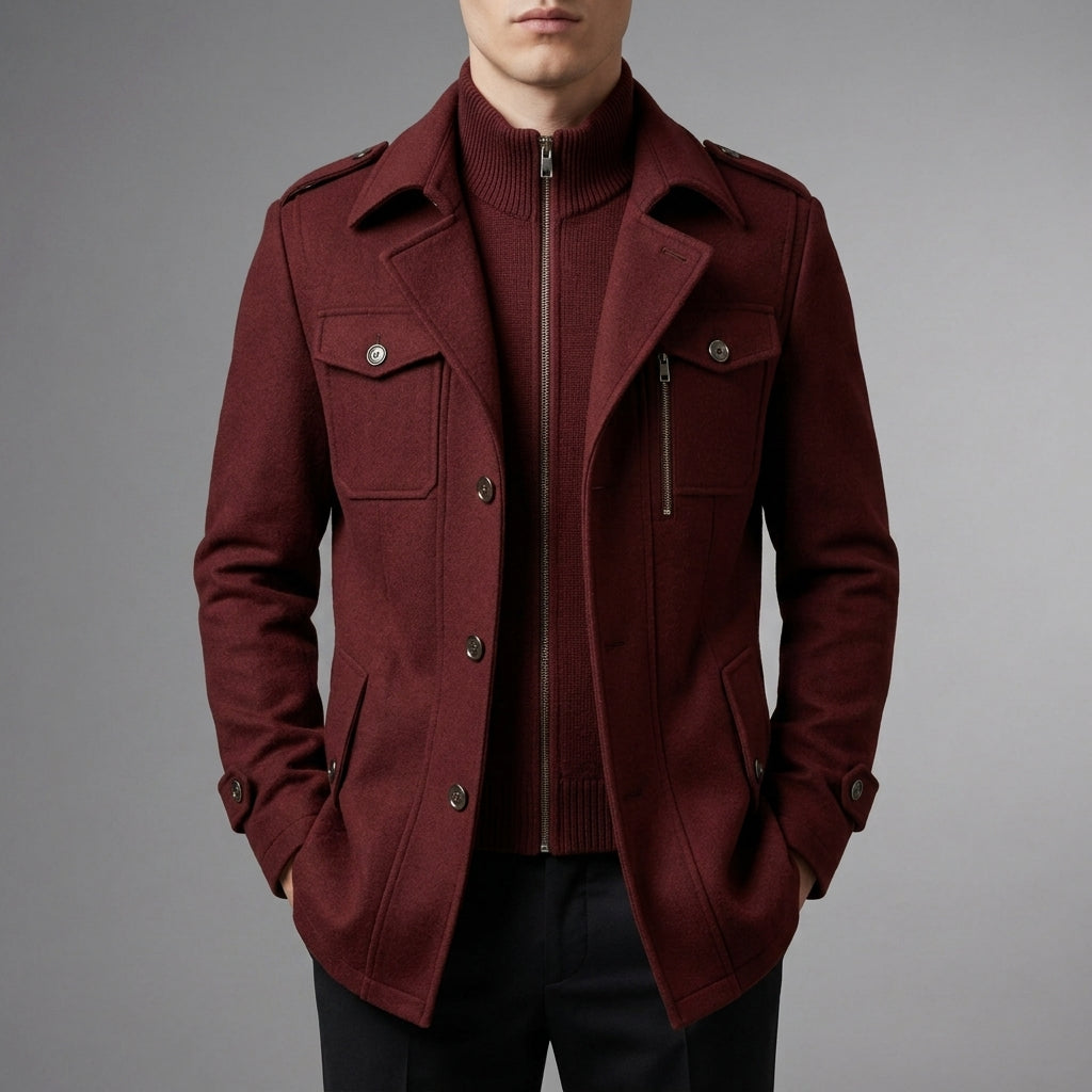 Men's tailored wool blend overcoat in burgundy — additional view