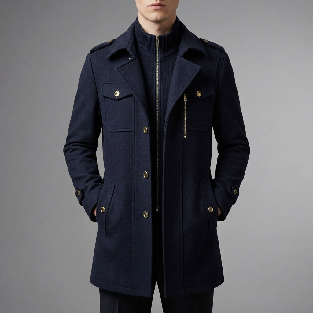 Men's tailored wool blend overcoat in midnight navy — detail view