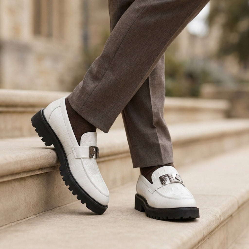 Men's croc-texture chunky loafers in ivory white — alternate view