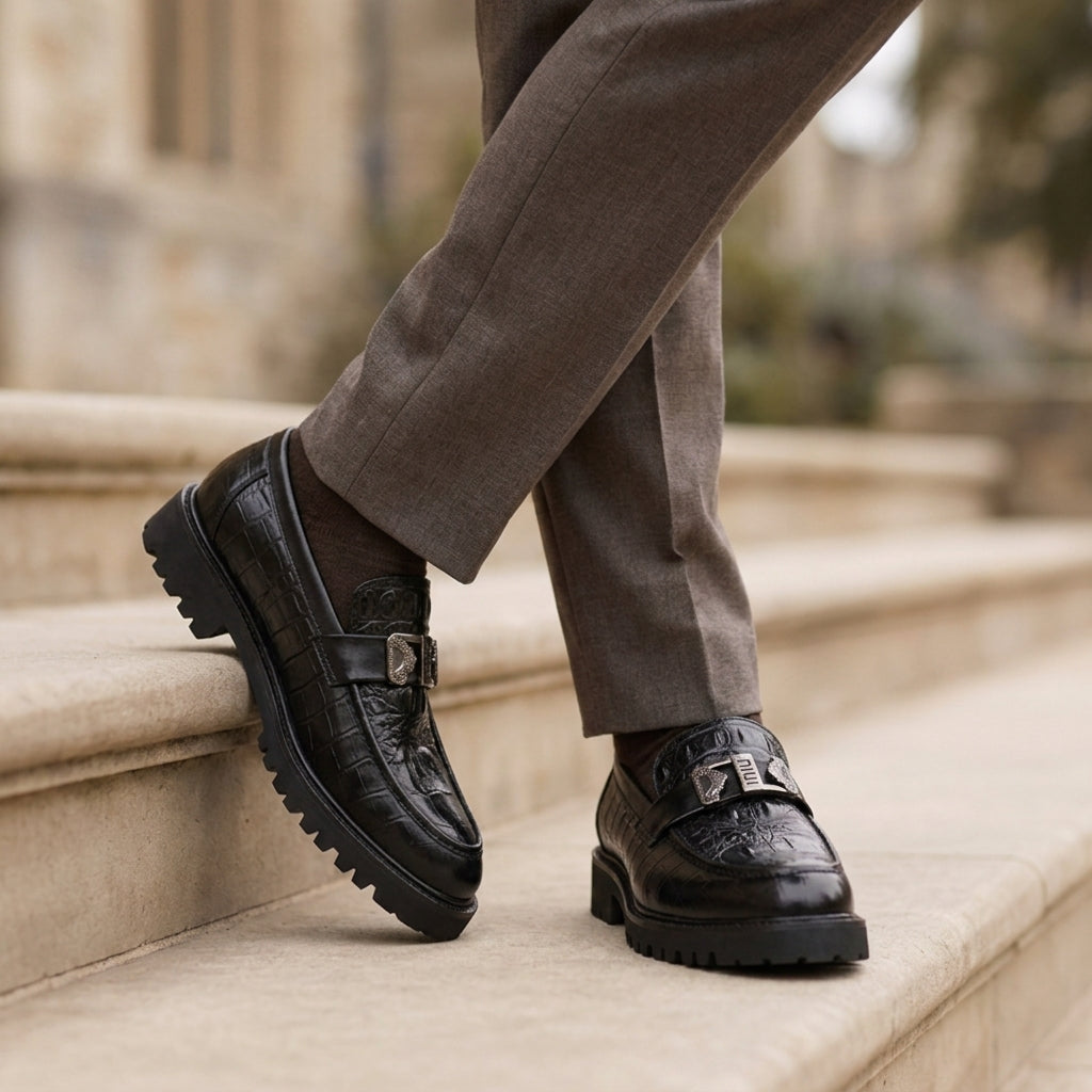 Men's croc-texture chunky loafers in black — detail view