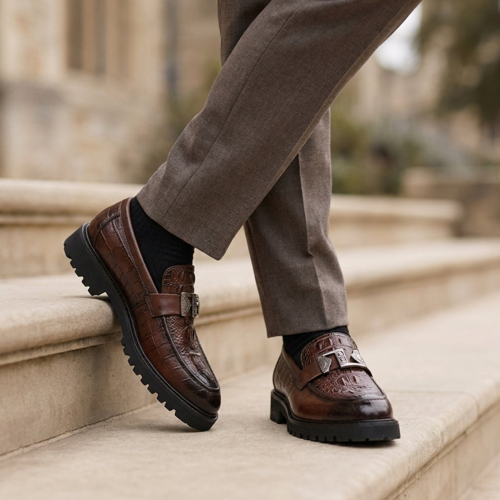 Men's croc-texture chunky loafers in espresso brown