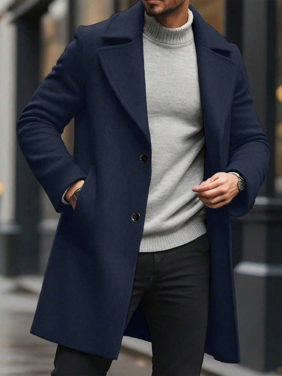 Men's button-up wool winter coat in navy blue — additional view