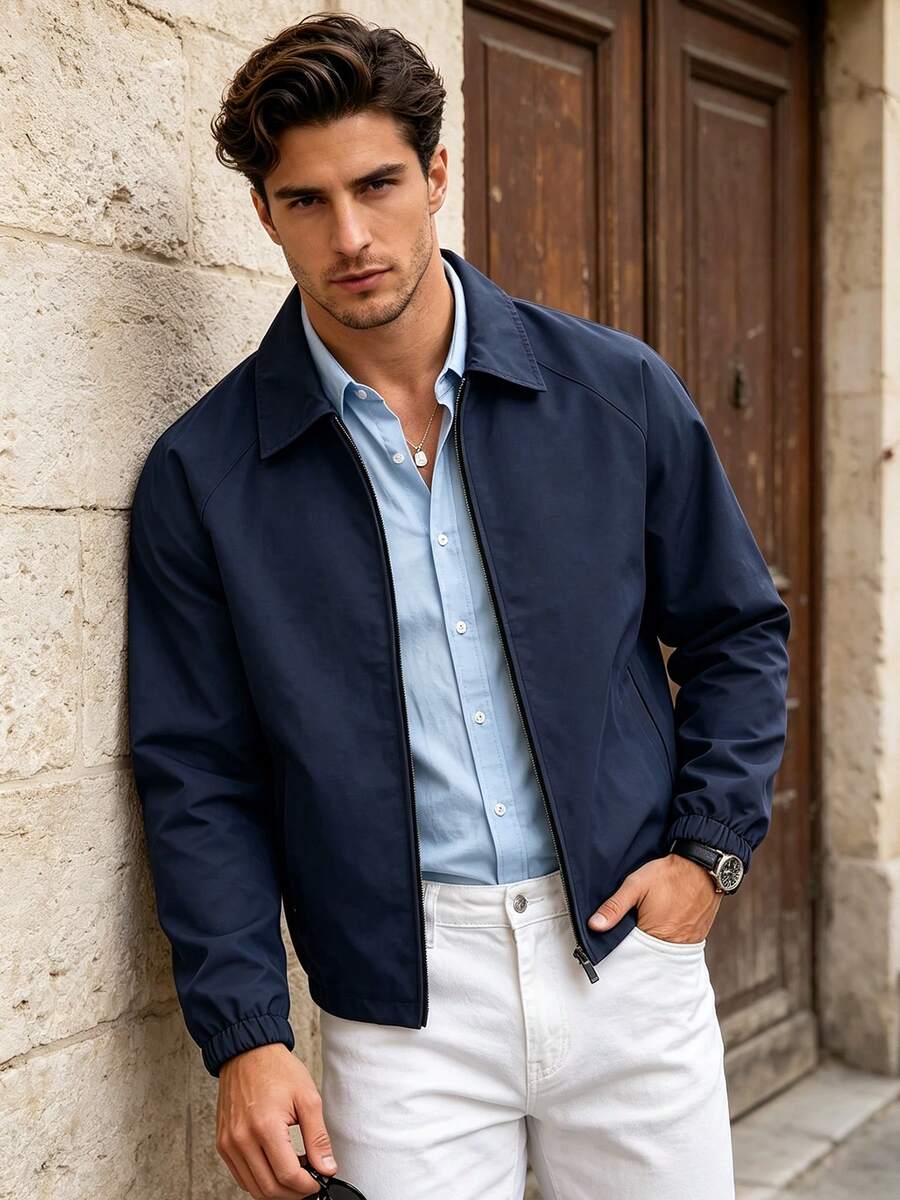 Men's lapel zip coach jacket in navy blue — additional view