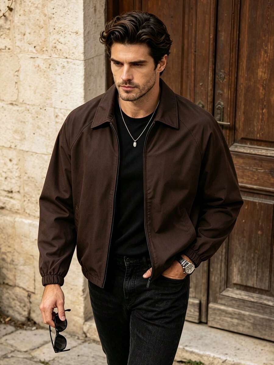 Men's lapel zip coach jacket in coffee brown — additional view