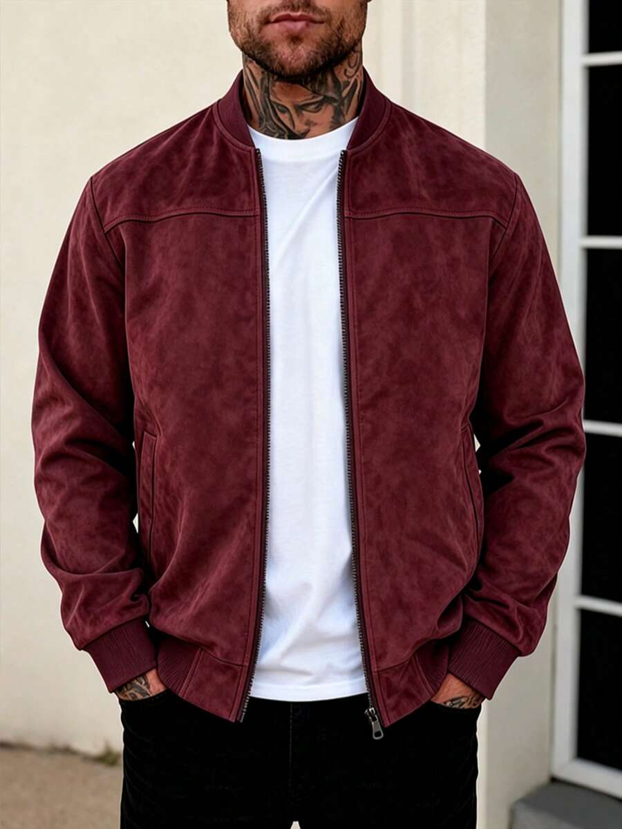 Men's zip-up faux suede bomber jacket in burgundy — additional view