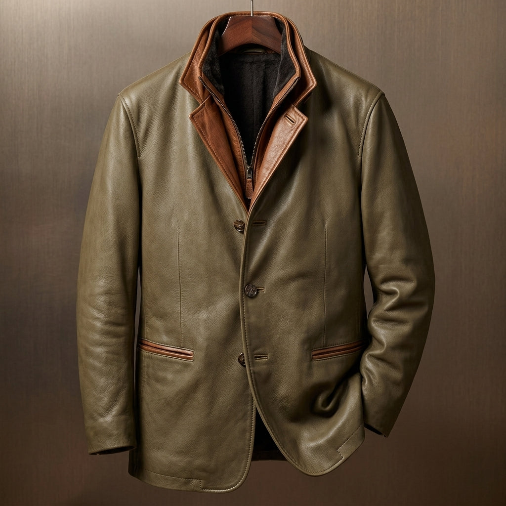 Men's zip-front leather biker jacket — additional view